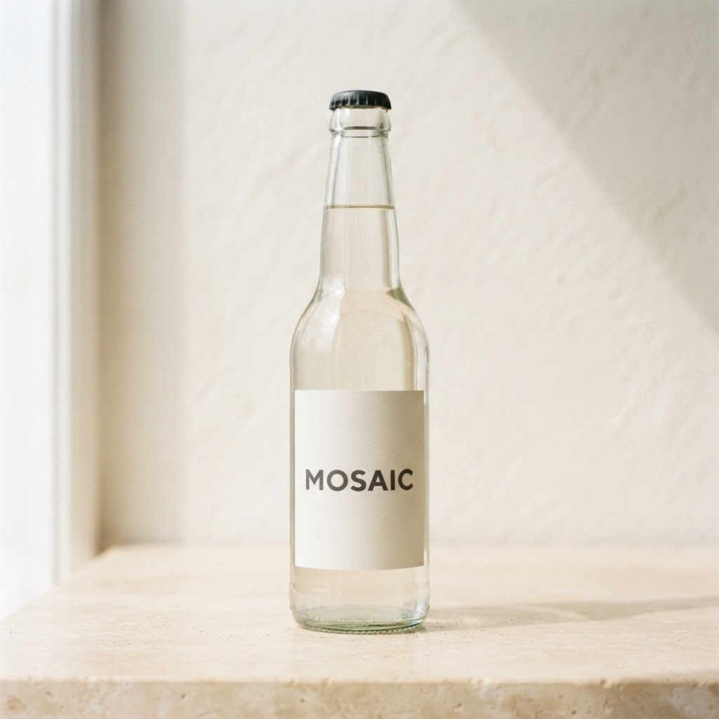 A clear glass Mosaic bottle standing on a warm stone surface