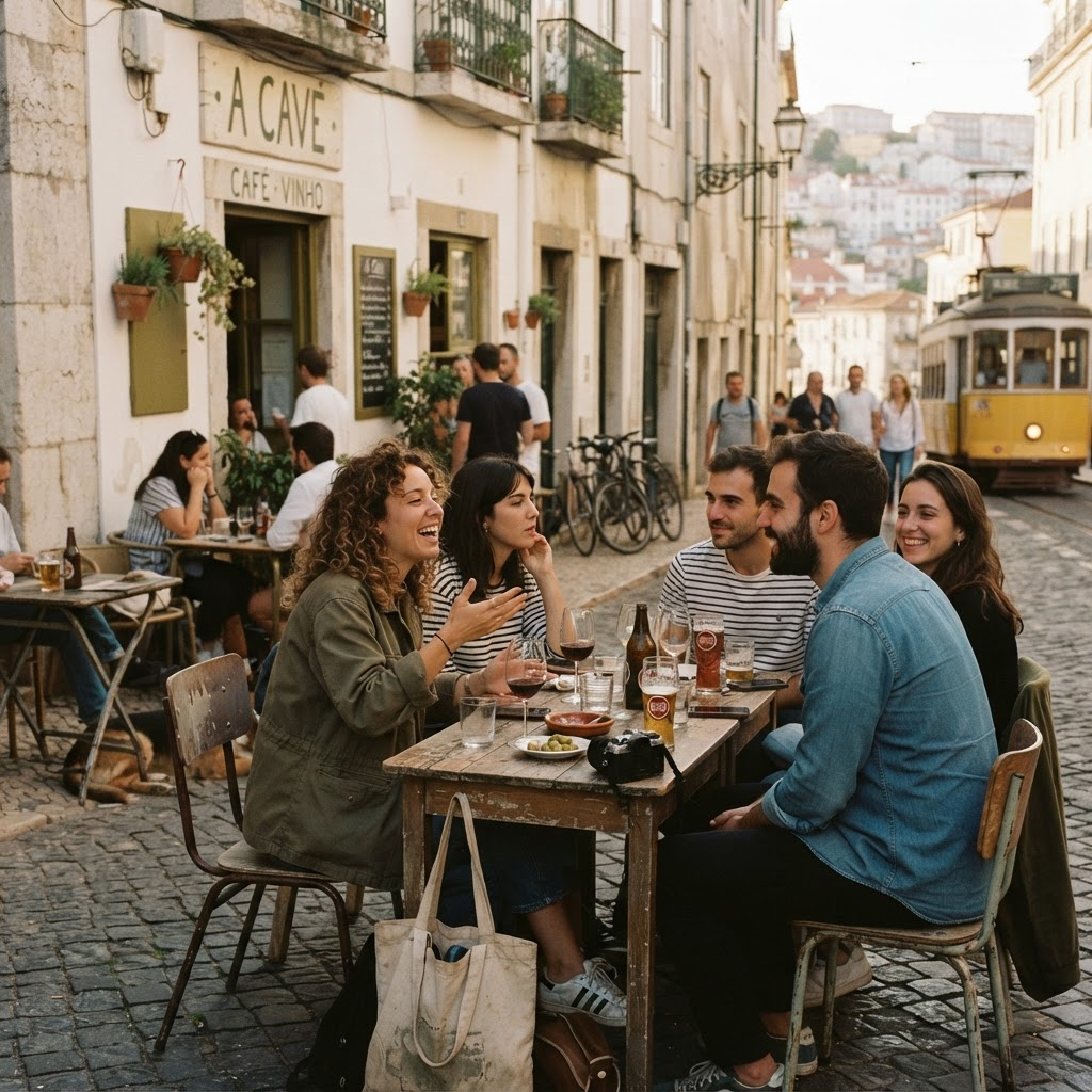 Friends talking outside a café